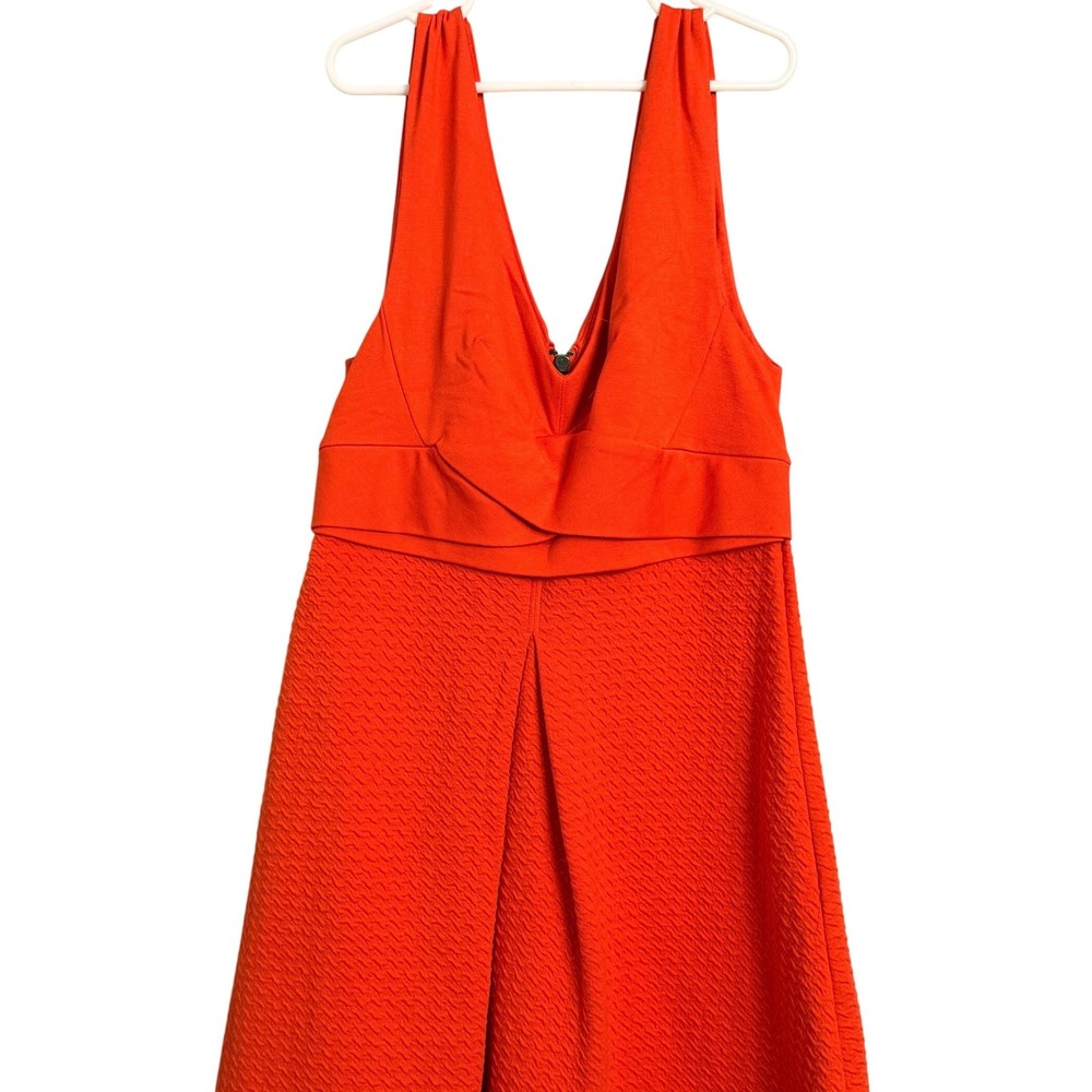 Anthropologie HD in Paris Orange Textured V Neck Midi Dress Sleeveless Zipper